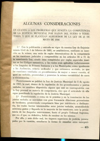 ALGUNAS CONSIDERACIONES EN CUANTO A LOS PROBLEMAS QUE SUSCITA LA COMPETENCIA DE LA JUSTICIA MUNICIPAL POR RAZON DEL FUERO  O TERRITORIO Y QUE SE PLANTEAN ALREDEDOR DE LA LEY DE 21 DE MAYO DE 1936.