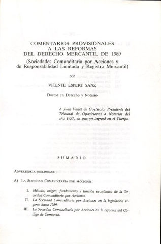 COMENTARIOS PROVISIONALES A LAS REFORMAS DEL DERECHO MERCANTIL DE 1989.