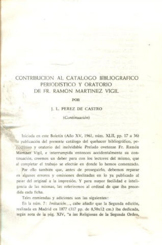 CONTRIBUCION AL CATALOGO BIBLIOGRAFICO, PERIODISTICO Y ORATORIO DE FR. RAMON MARTINEZ VIGIL (CONTINUACION).
