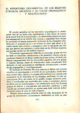 EL REPERTORIO ORNAMENTAL DE LOS RELIEVES ETRUSCOS ARCAICOS Y SU VALOR CRONOLOGICO Y ARQUEOLOGICO.