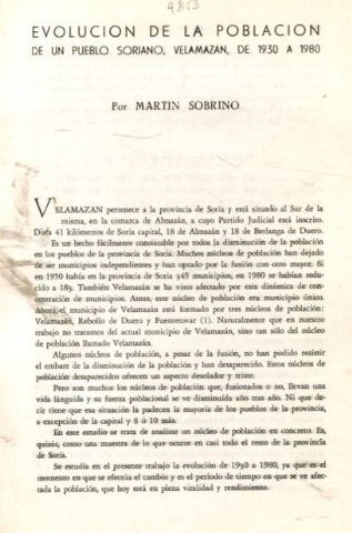 EVOLUCION DE LA POBLACION DE UN PUEBLO SORIANO, VELAMAZAN, DE 1930 A 1980.