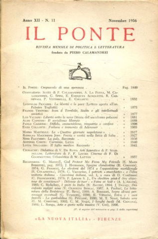 IL PONTE. RIVISTA MENSILE DI POLITICA E LETTERATURA. ANNO XII. Nº 11, NOVEMBRE 1956.