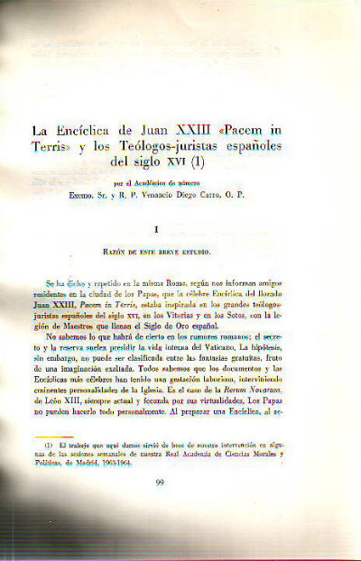 LA ENCICLICA DE JUAN XXIII "PACEM IN TERRIS" Y LOS TEOLOGOS JURISTAS ESPAÑOLES DEL SIGLO XVI.