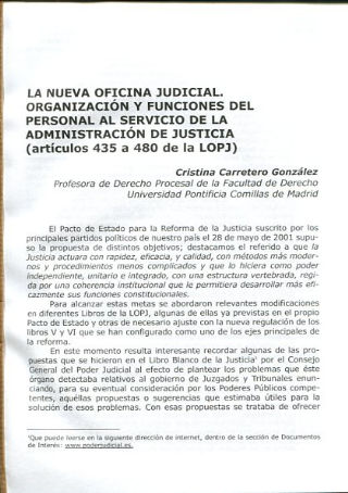 LA NUEVA OFICINA JUDICIAL. ORGANIZACIÓN Y FUNCIONES DEL PERSONAL AL SERVICIO DE LA ADMINISTRACION DE JUSTICIA (ARTICULOS 435 A 480 DE LOPJ).