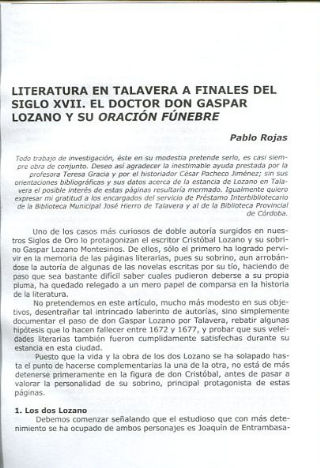 LITERATURA EN TALAVERA A FINALES DEL SIGLO XVII. EL DOCTOR DON GASPAR LOZANO Y SU ORACION FUNEBRE.