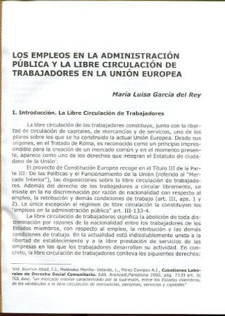 LOS EMPLEOS EN LA ADMINISTRACION PUBLICA Y LA LIBRE CIRCULACION DE TRABAJADORES EN LA UNION EUROPEA.