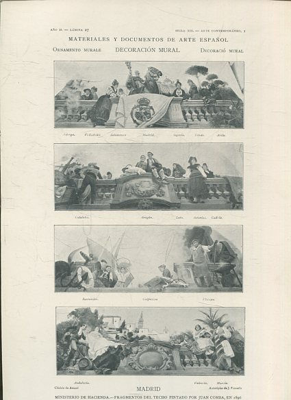 MATERIALES Y DOCUMENTOS DE ARTE ESPAÑOL. DECORACION MURAL. AÑO II. LAMINA 27. SIGLO XIX. ARTE CONTEMPORANEO, 1. MADRID. MINISTERIO DE HACIENDA. FRAGMENTOS DEL TECHO PINTADO POR JUAN COMBA, en 1896.