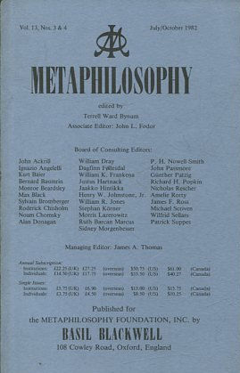 METAPHILOSOPHY VOL. 13, No. 3 & 4. JULY/OCTOBER 1982.