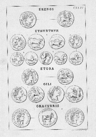 MONEDAS DE LA ESPAÑA ULTERIOR. LAMINA CXLIV: ERENOS. ETHURTHUR. ETOSA. GILI. GRACURRIS.