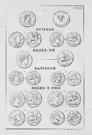 MONEDAS DE LA ESPAÑA ULTERIOR. LAMINA CXLV: GUISONA. HASSO-KN. HATTECUM. HERESI O ARSE.