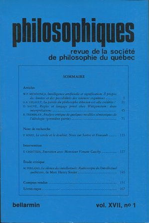 PHILOSOPHIQUES. REVUE DE LA SOCIETE DE PHILOSOPHIE DU QUEBEC. VOL. XVII, Nº 1.
