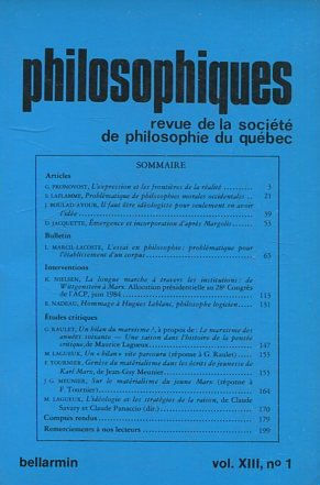 PHILOSOPHIQUES. REVUE DE LA SOCIETE DE PHILOSOPHIE DU QUEBEC. VOL. XIII, Nº 1.