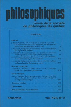 PHILOSOPHIQUES. REVUE DE LA SOCIETE DE PHILOSOPHIE DU QUEBEC. VOL. XVII, Nº 2.