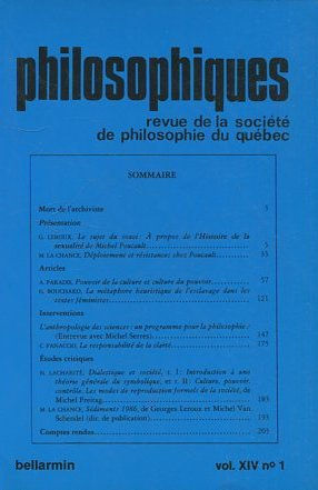 PHILOSOPHIQUES. REVUE DE LA SOCIETE DE PHILOSOPHIE DU QUEBEC. VOL. XIV, Nº 1.