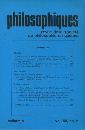 PHILOSOPHIQUES. REVUE DE LA SOCIETE DE PHILOSOPHIE DU QUEBEC. VOL. XII, Nº 2.
