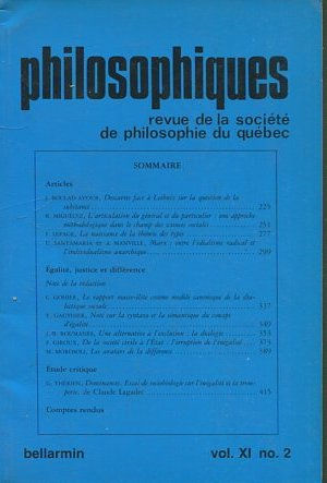 PHILOSOPHIQUES. REVUE DE LA SOCIETE DE PHILOSOPHIE DU QUEBEC. VOL. XI, Nº 2.