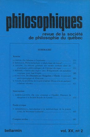 PHILOSOPHIQUES. REVUE DE LA SOCIETE DE PHILOSOPHIE DU QUEBEC. VOL. XV, Nº 2.
