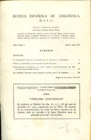 REVISTA ESPAÑOLA DE LINGÜÍSTICA. AÑO 4-FASCICULO 1. JULIO-DICIEMBRE 1974.