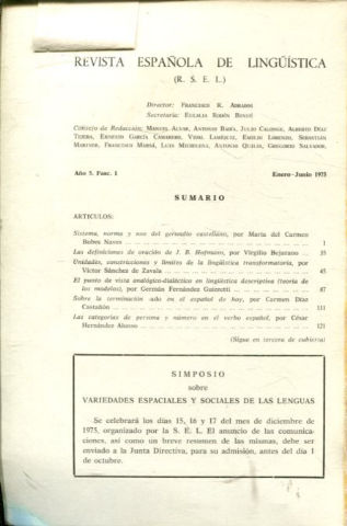 REVISTA ESPAÑOLA DE LINGÜÍSTICA. AÑO 5-FASCICULO 1. ENERO-JUNIO 1975.