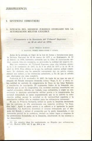 SENTENCIAS COMENTADAS. EFICACIA DEL NEGOCIO JURIDICO OTORGADO SIN LA AUTORIZACION MILITAR EXIGIBLE.
